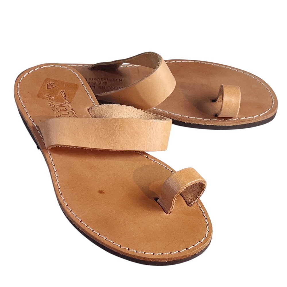 Elen Genuine Leather Handmade in Grece Tan Toe Ring Sandals Sz 6 NWOT Resort